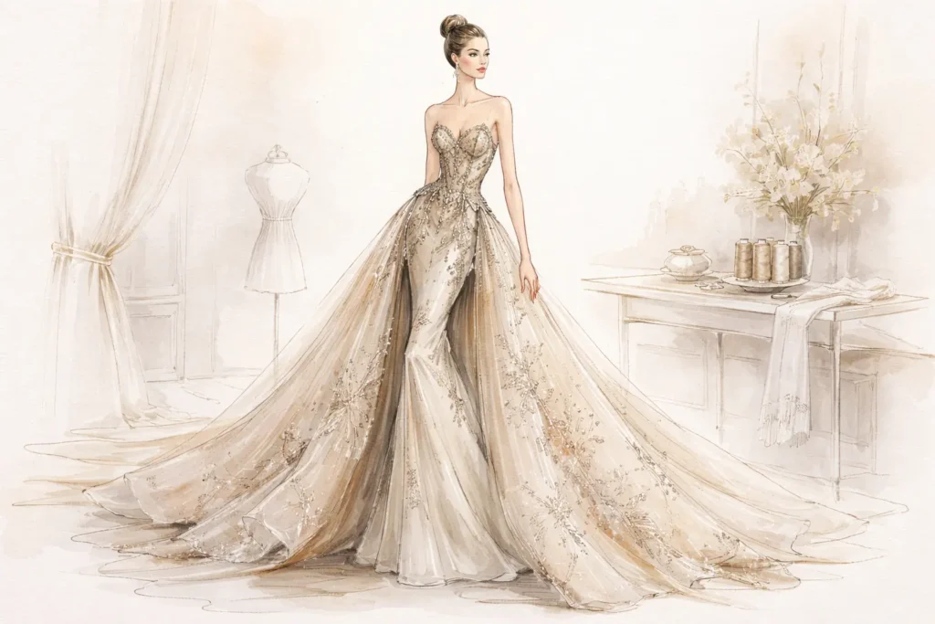 Boceto de alta costura con vestido de noche bordado