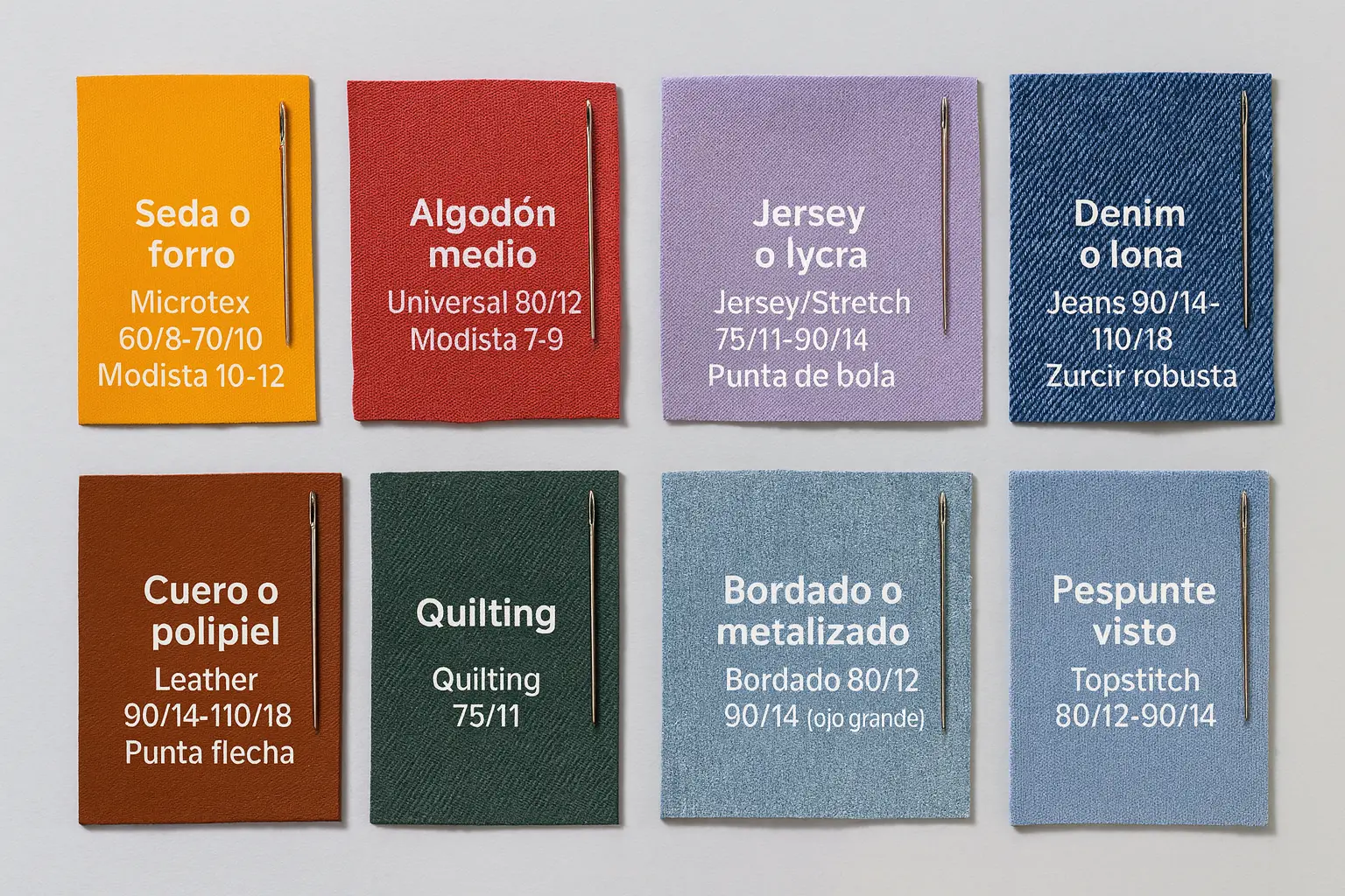 tipos de de agujas para coser según tejido con muestras de tela y agujas correspondientes