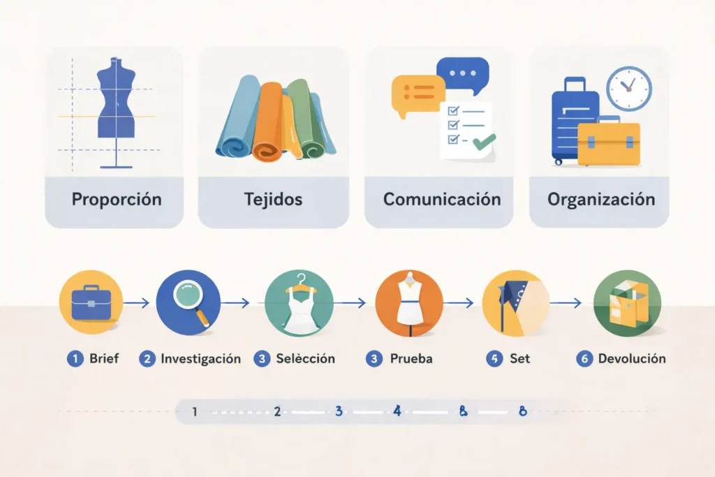 Infografía de habilidades y proceso de trabajo del estilismo