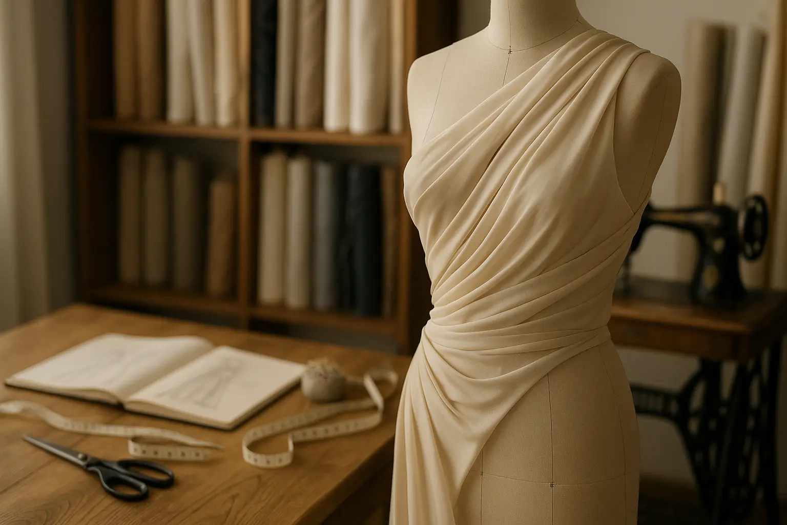 Maniquí con tela drapeada en taller de diseño de moda