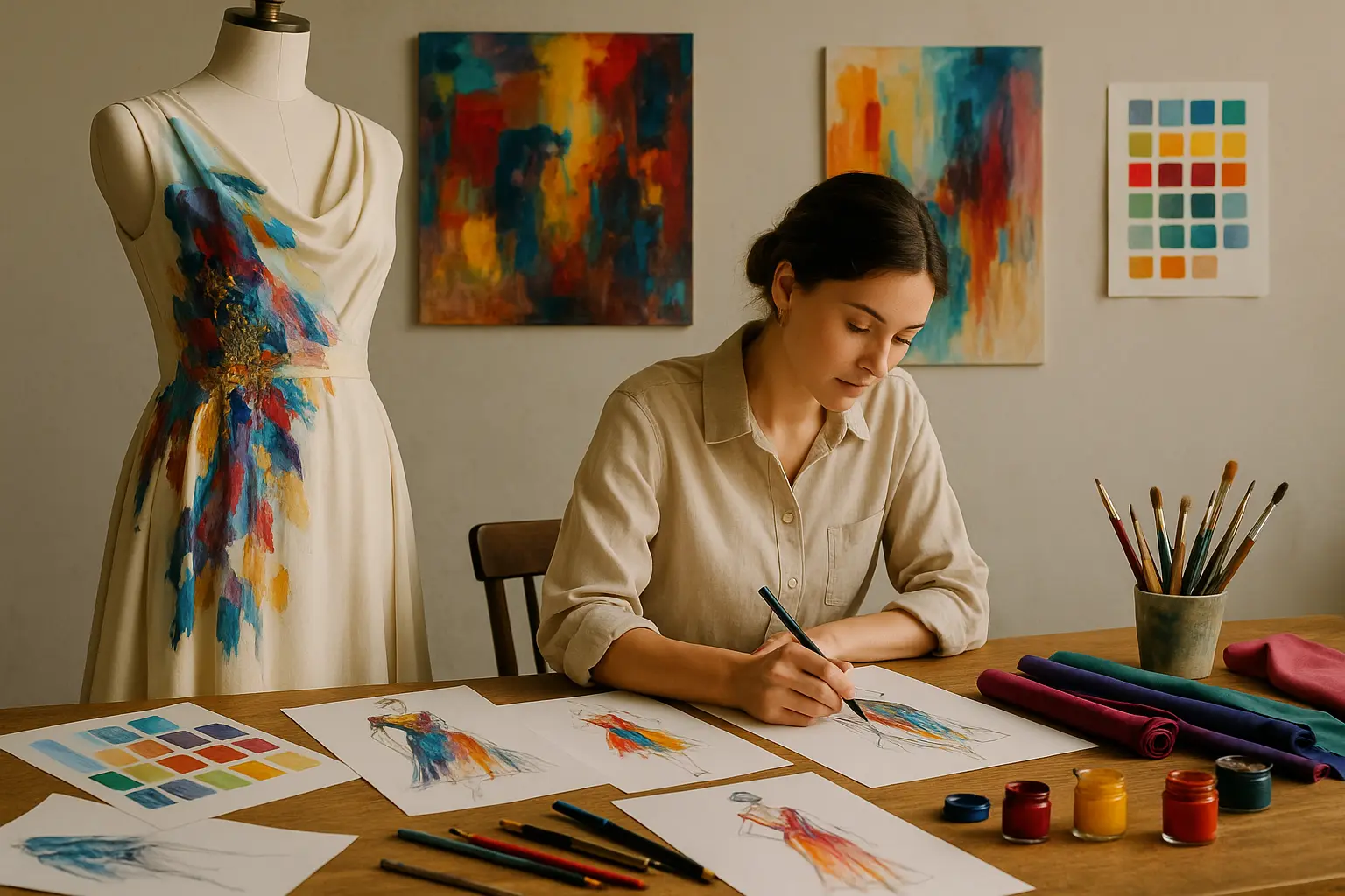 Diseñadora fusionando arte y moda en taller creativo