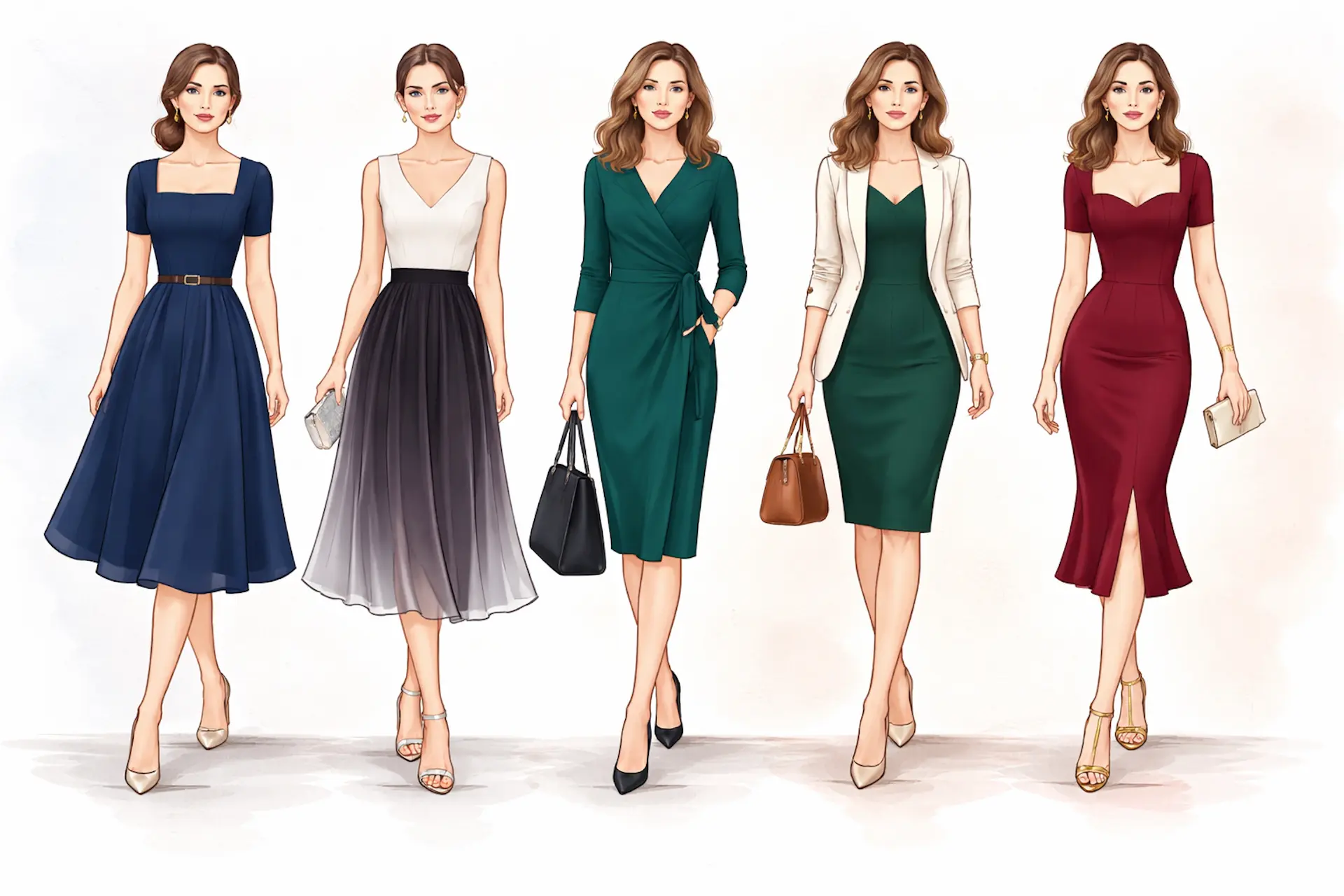 Elegir vestido: ilustración con cinco tipos de cuerpo y vestidos favorecedores