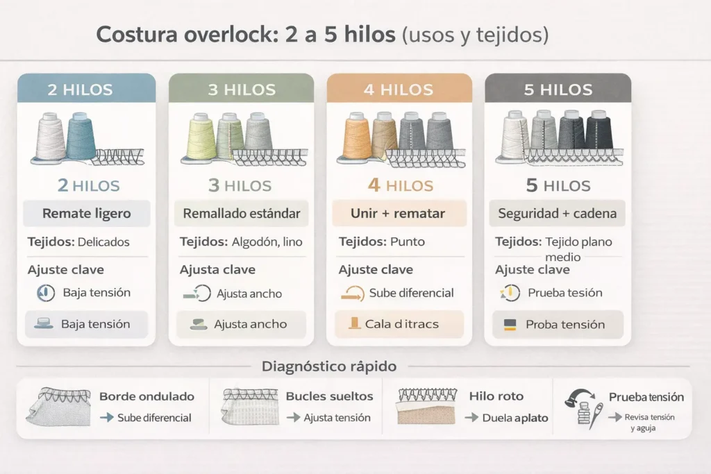 Infografía de puntadas overlock de 2 a 5 hilos con usos y tejidos