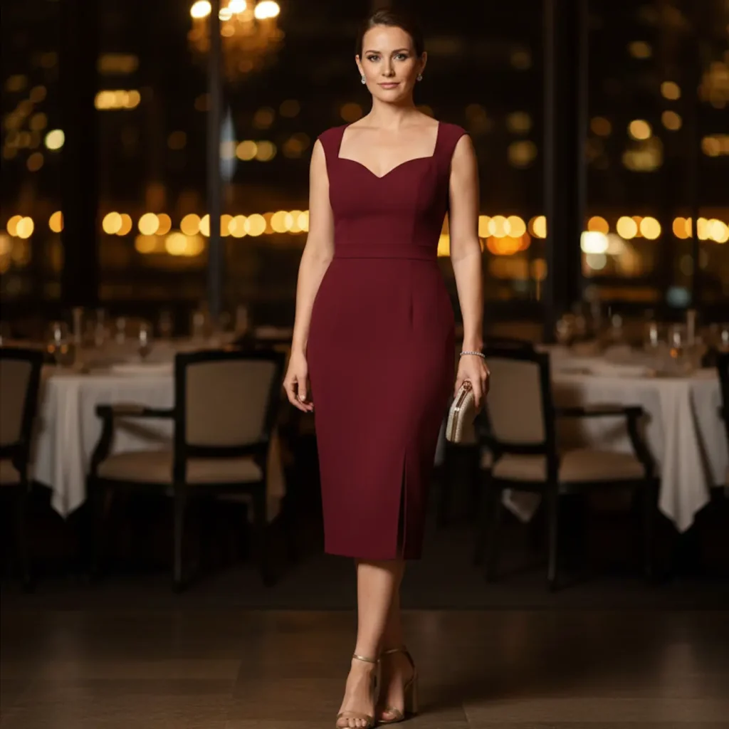 Look para cuerpo manzana con vestido recto verde y blazer abierto marfil