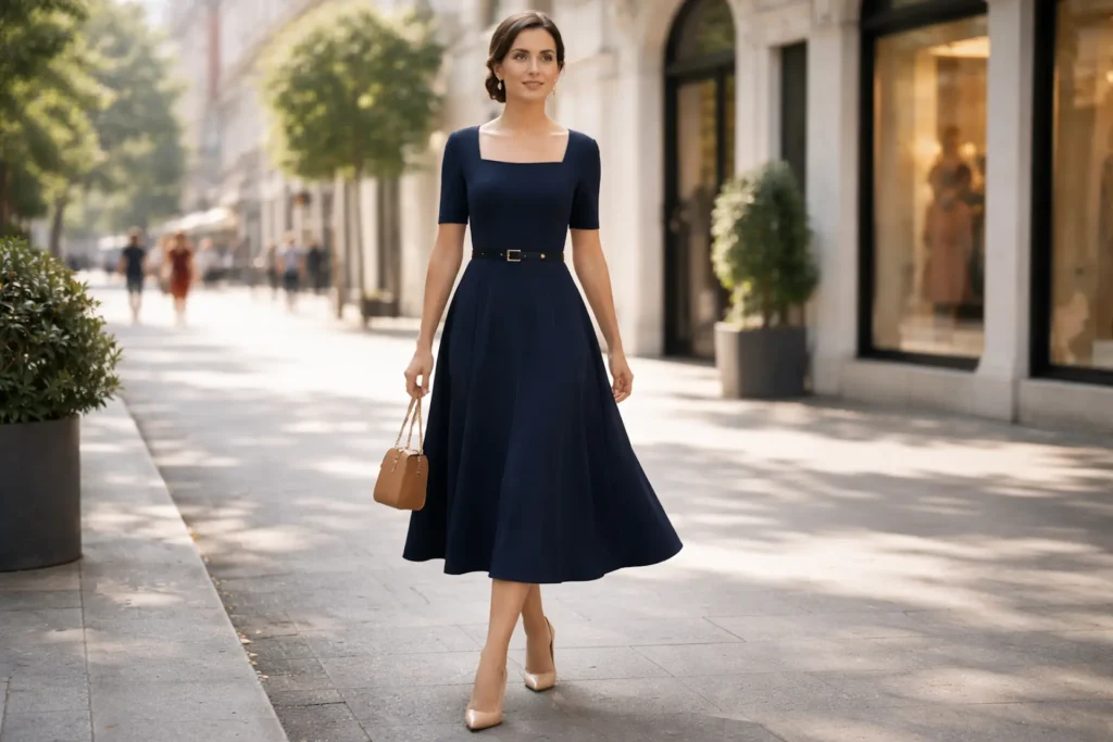 Look para cuerpo pera con vestido midi línea A y escote cuadrado