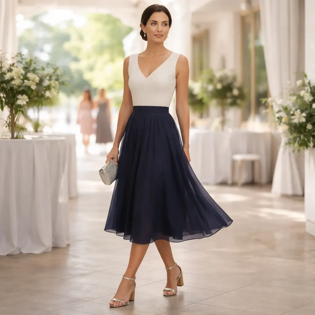 Elegir vestido para silueta triángulo invertido: midi con escote en V y falda plisada